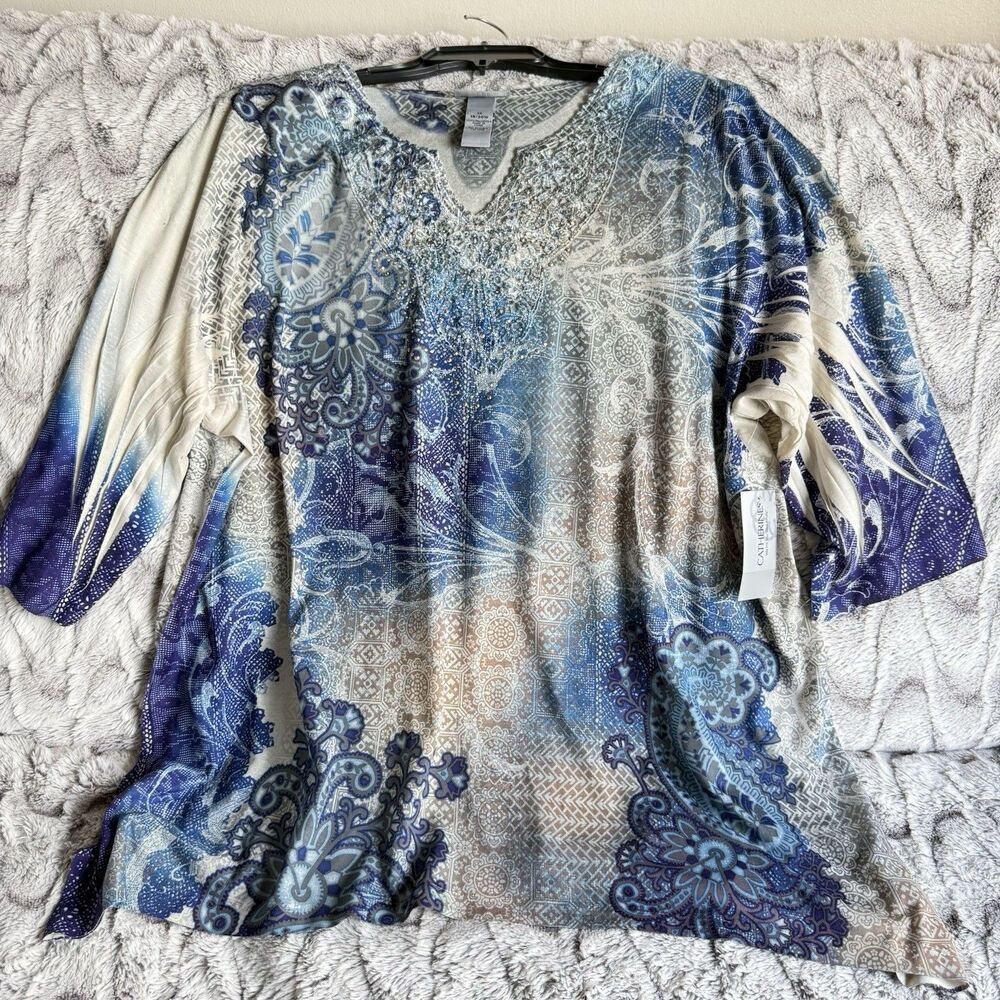 Catherines Boho Blue & Tan Beaded Asymmetric Tunic - Women's Size 1X Career B16